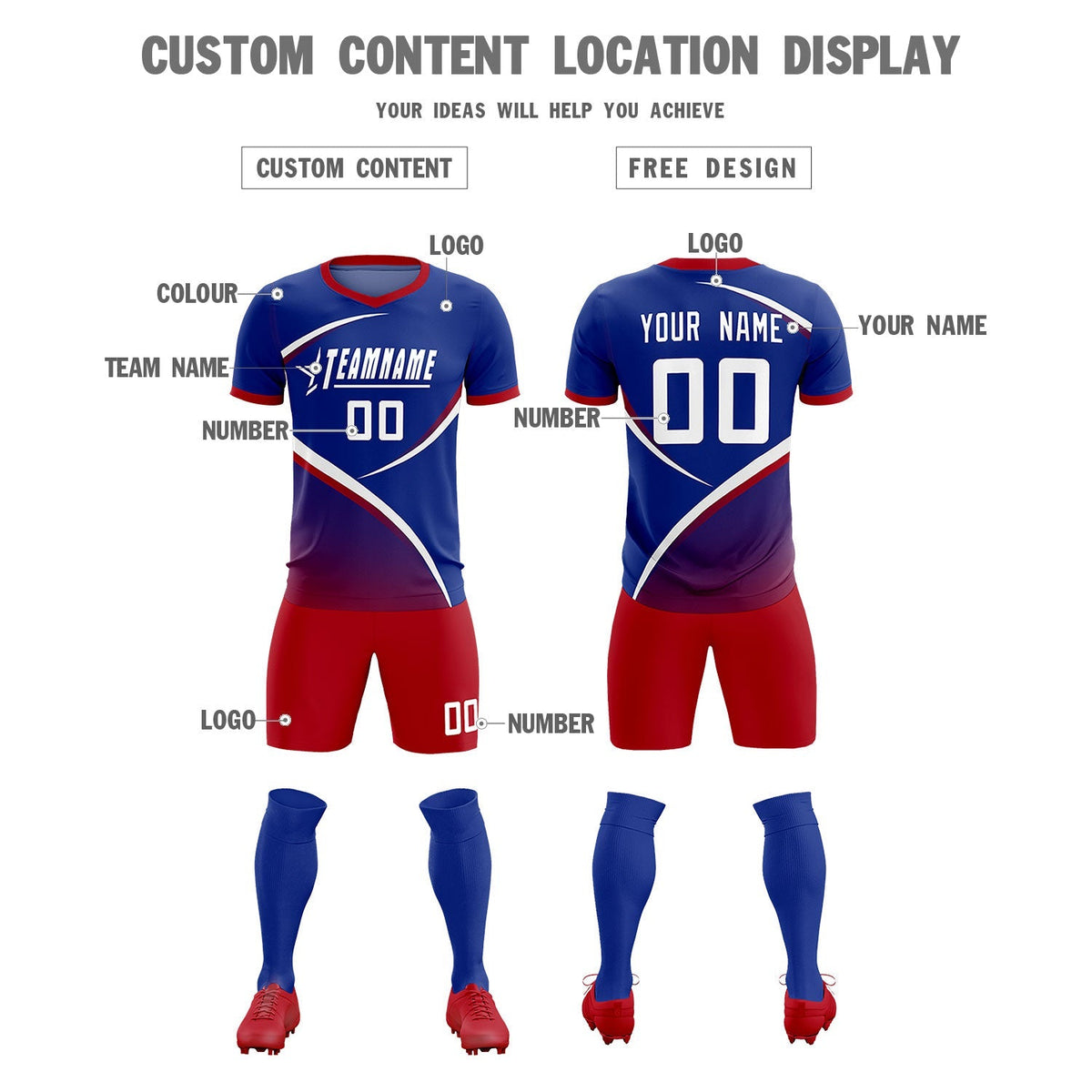 Custom Royal Red Color Block Training Uniform For Men Soccer Sets Jersey