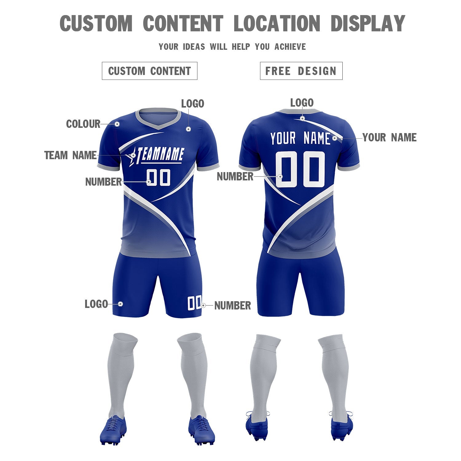 Custom Royal Gray Color Block Training Uniform For Men Soccer Sets Jersey