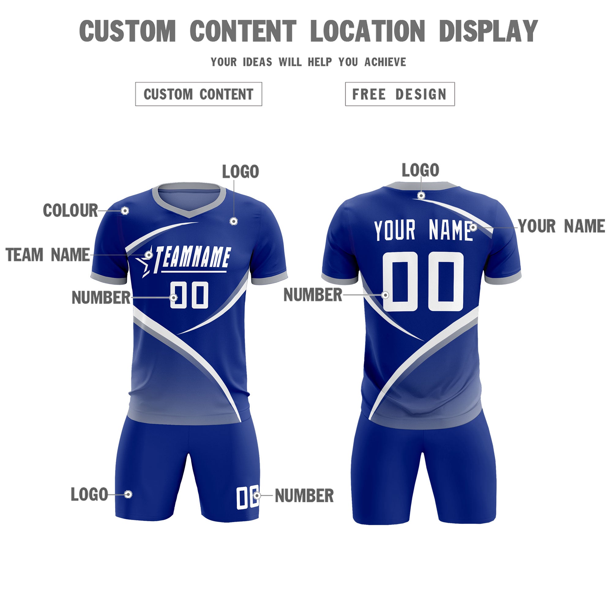 Custom Royal Gray Color Block Training Uniform For Men Soccer Sets Jersey