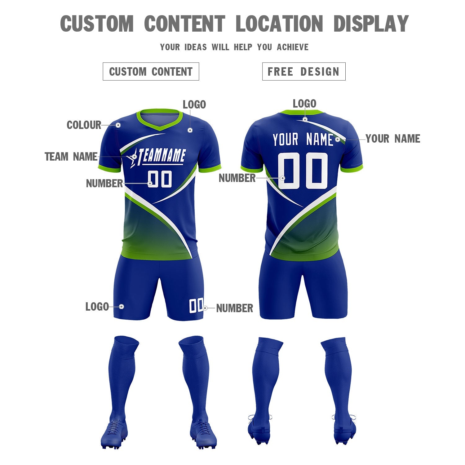 Custom Royal Neon Green Color Block Training Uniform For Men Soccer Sets Jersey