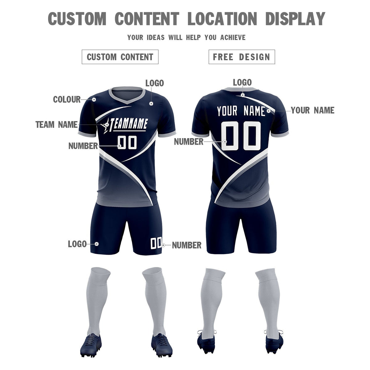 Custom Navy Gray Color Block Training Uniform For Men Soccer Sets Jersey