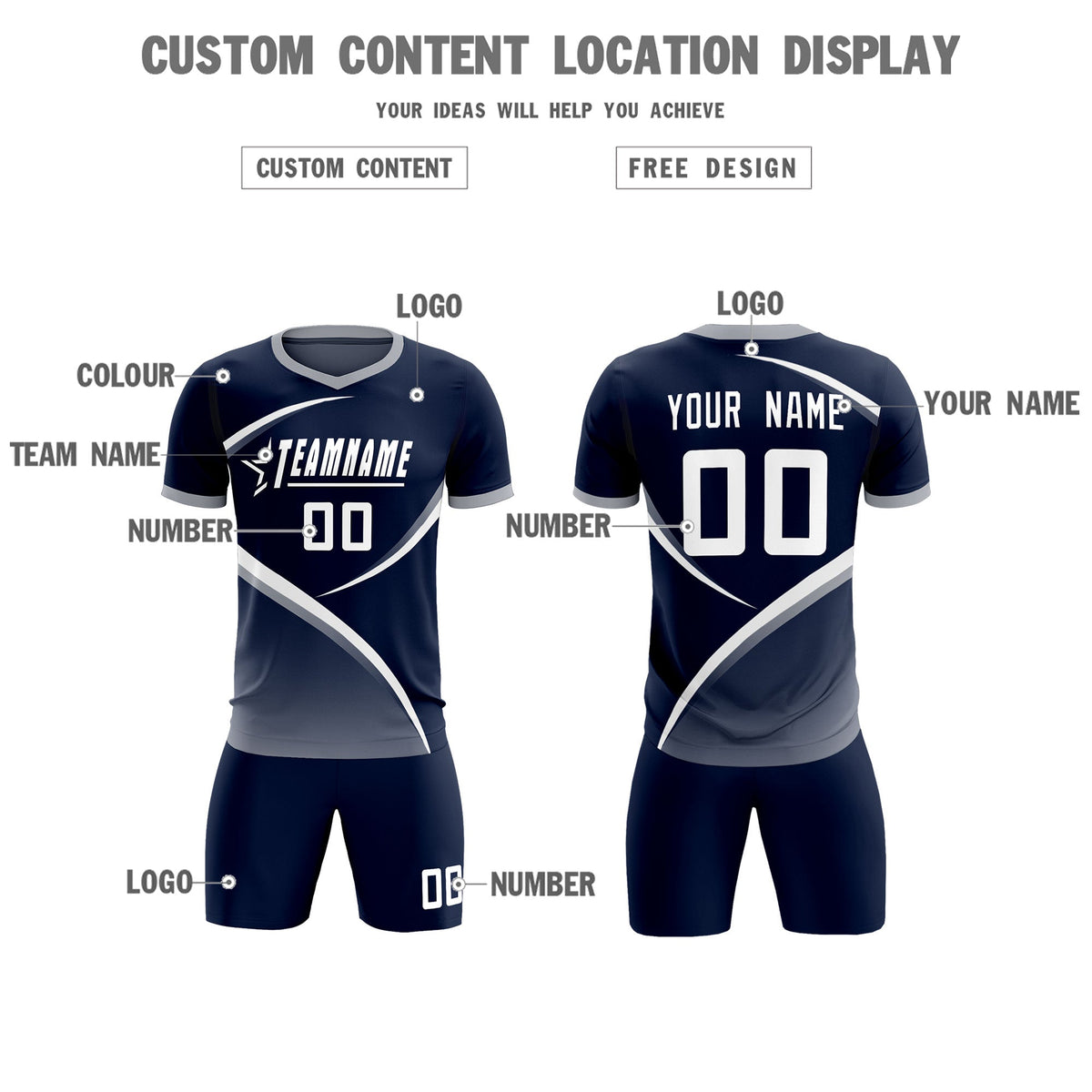 Custom Navy Gray Color Block Training Uniform For Men Soccer Sets Jersey