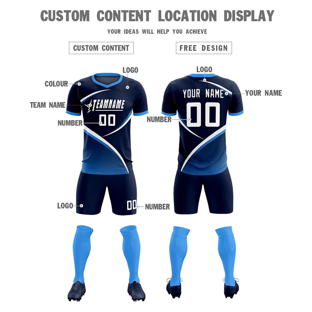 Custom Navy Powder Blue Color Block Training Uniform For Men Soccer Sets Jersey