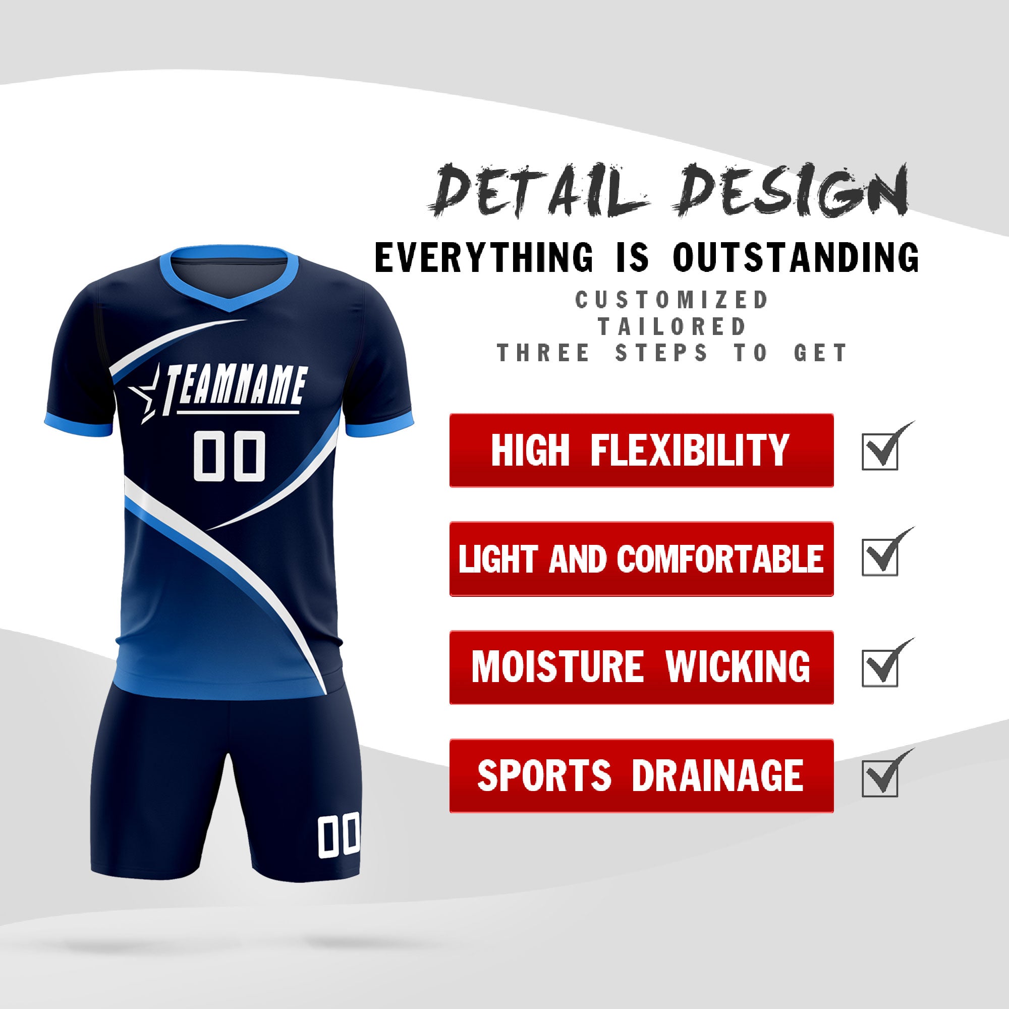 Custom Navy Powder Blue Color Block Training Uniform For Men Soccer Sets Jersey
