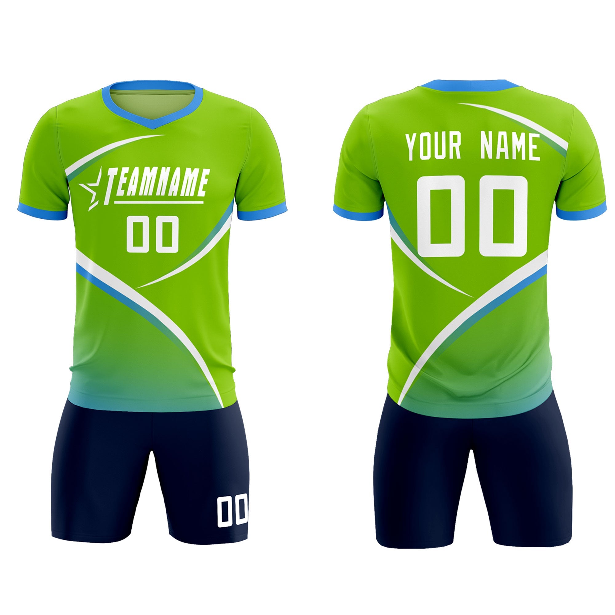 Custom Neon Green Powder Blue Color Block Training Uniform For Men Soccer Sets Jersey