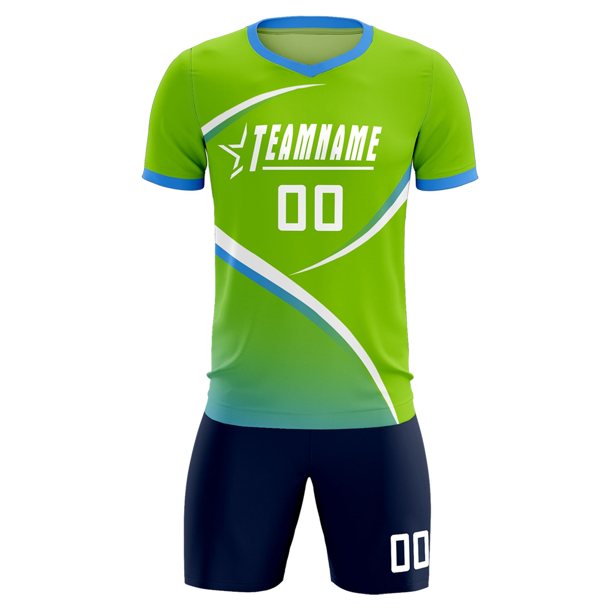 Custom Neon Green Powder Blue Color Block Training Uniform For Men Soccer Sets Jersey
