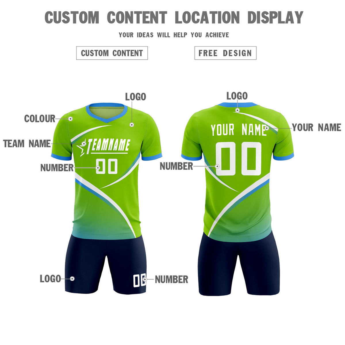 Custom Neon Green Powder Blue Color Block Training Uniform For Men Soccer Sets Jersey