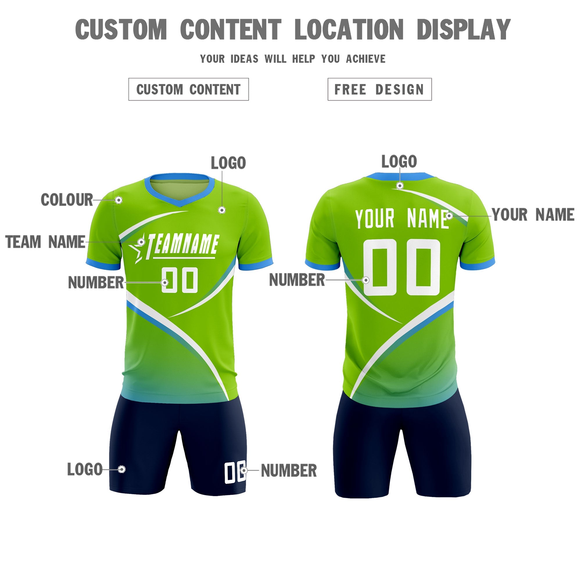 Custom Neon Green Powder Blue Color Block Training Uniform For Men Soccer Sets Jersey