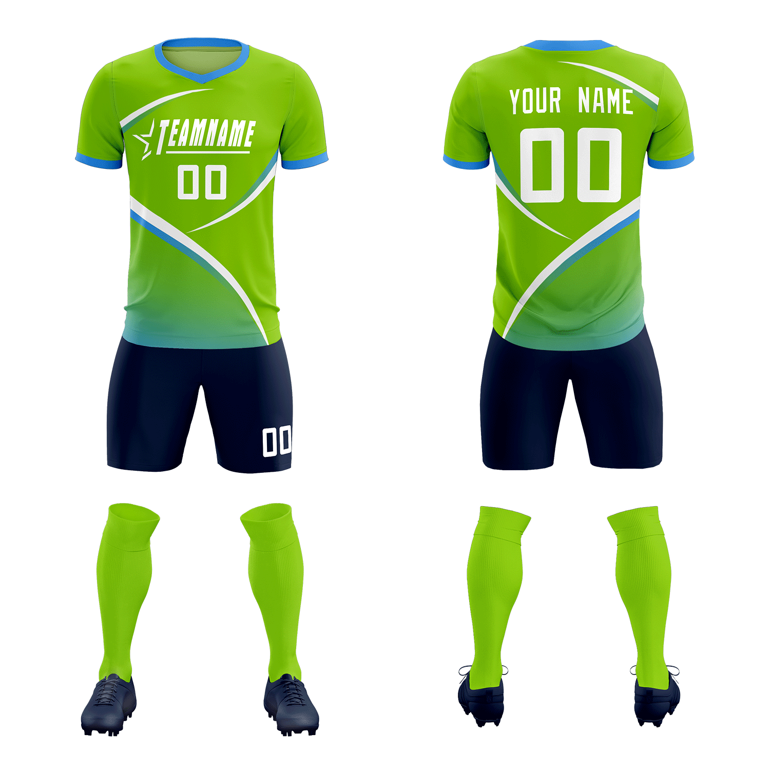 Custom Neon Green Powder Blue Color Block Training Uniform For Men Soccer Sets Jersey