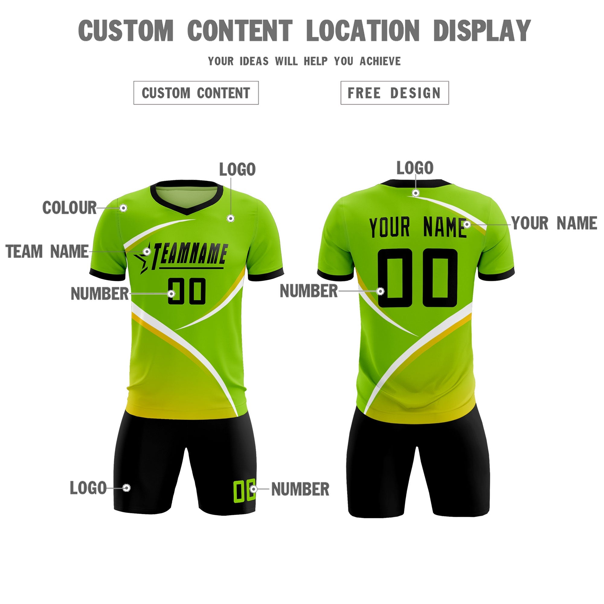 Custom Neon Green Black Color Block Training Uniform For Men Soccer Sets Jersey
