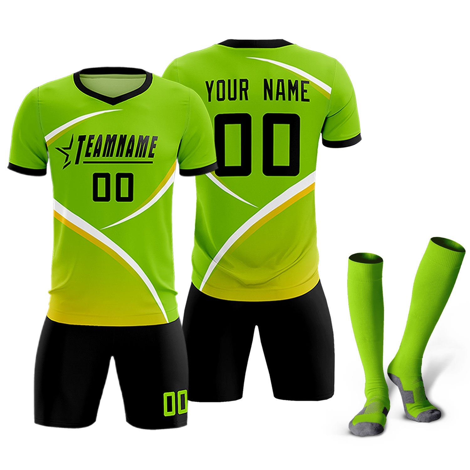 Custom Neon Green Black Color Block Training Uniform For Men Soccer Sets Jersey