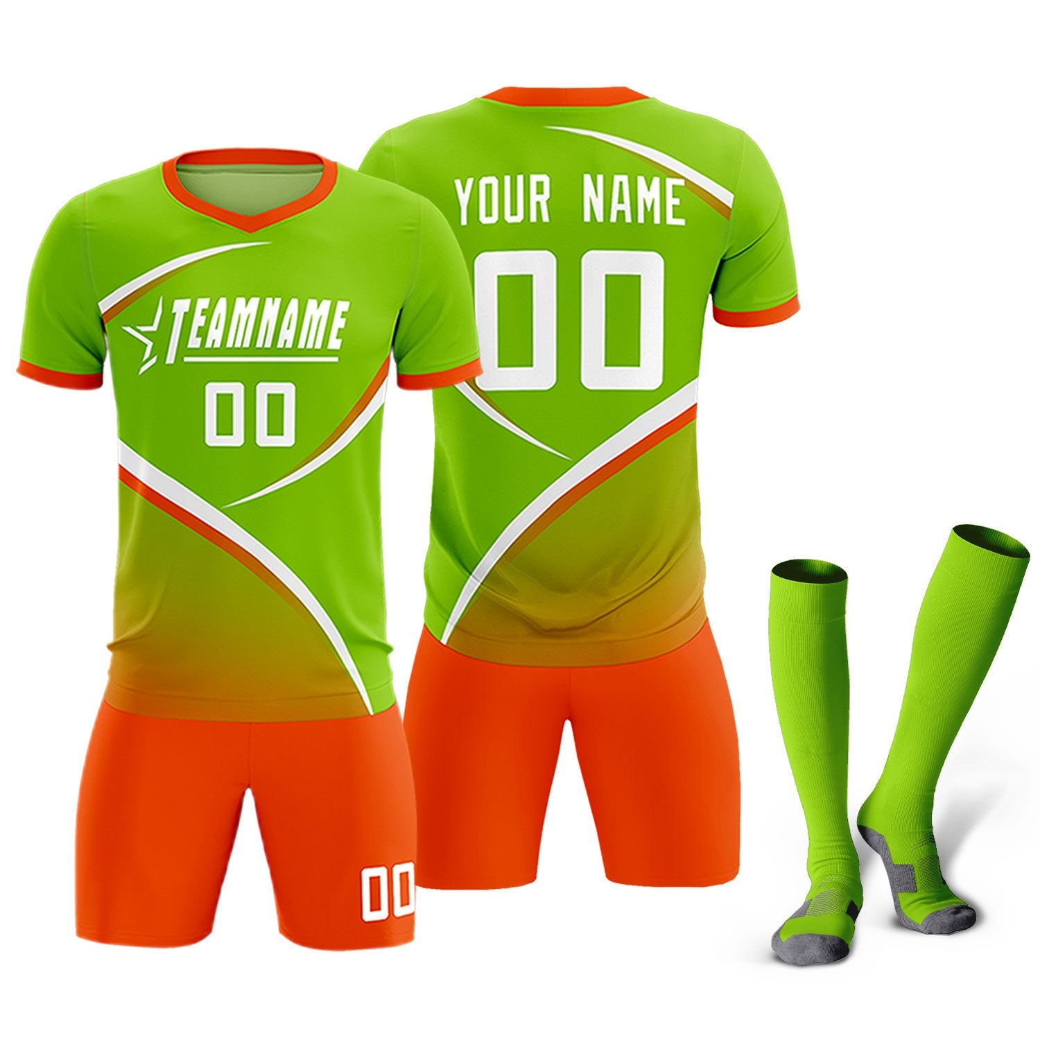Custom Neon Green Orange Color Block Training Uniform For Men Soccer Sets Jersey