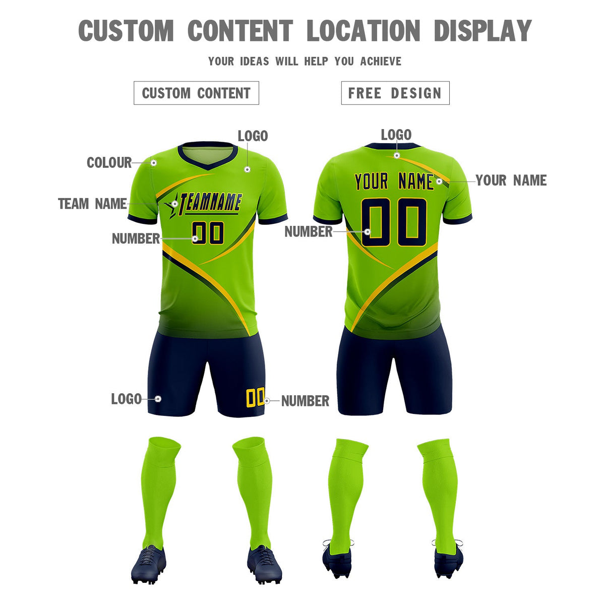 Custom Neon Green Navy Color Block Training Uniform For Men Soccer Sets Jersey