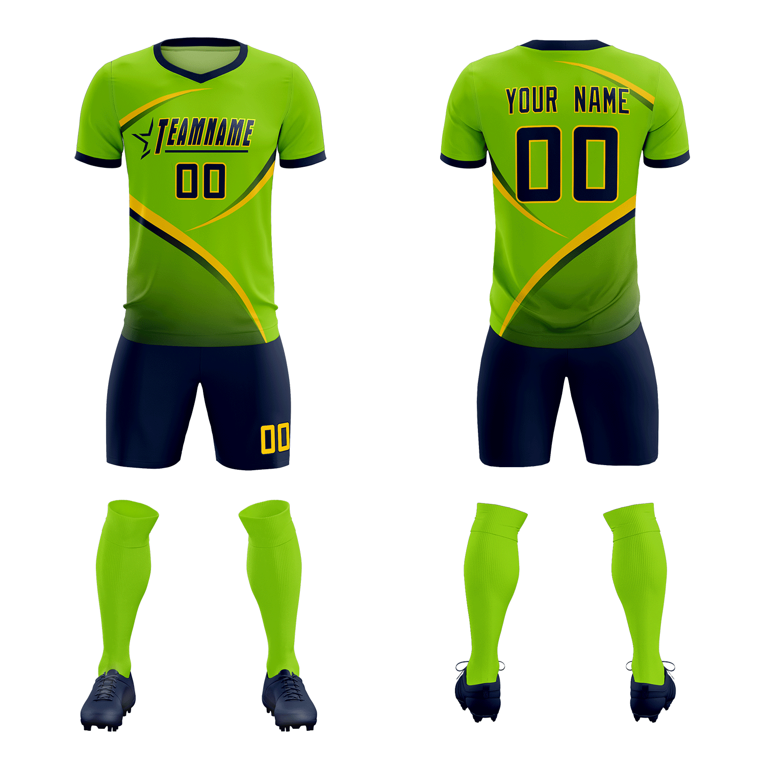 Custom Neon Green Navy Color Block Training Uniform For Men Soccer Sets Jersey