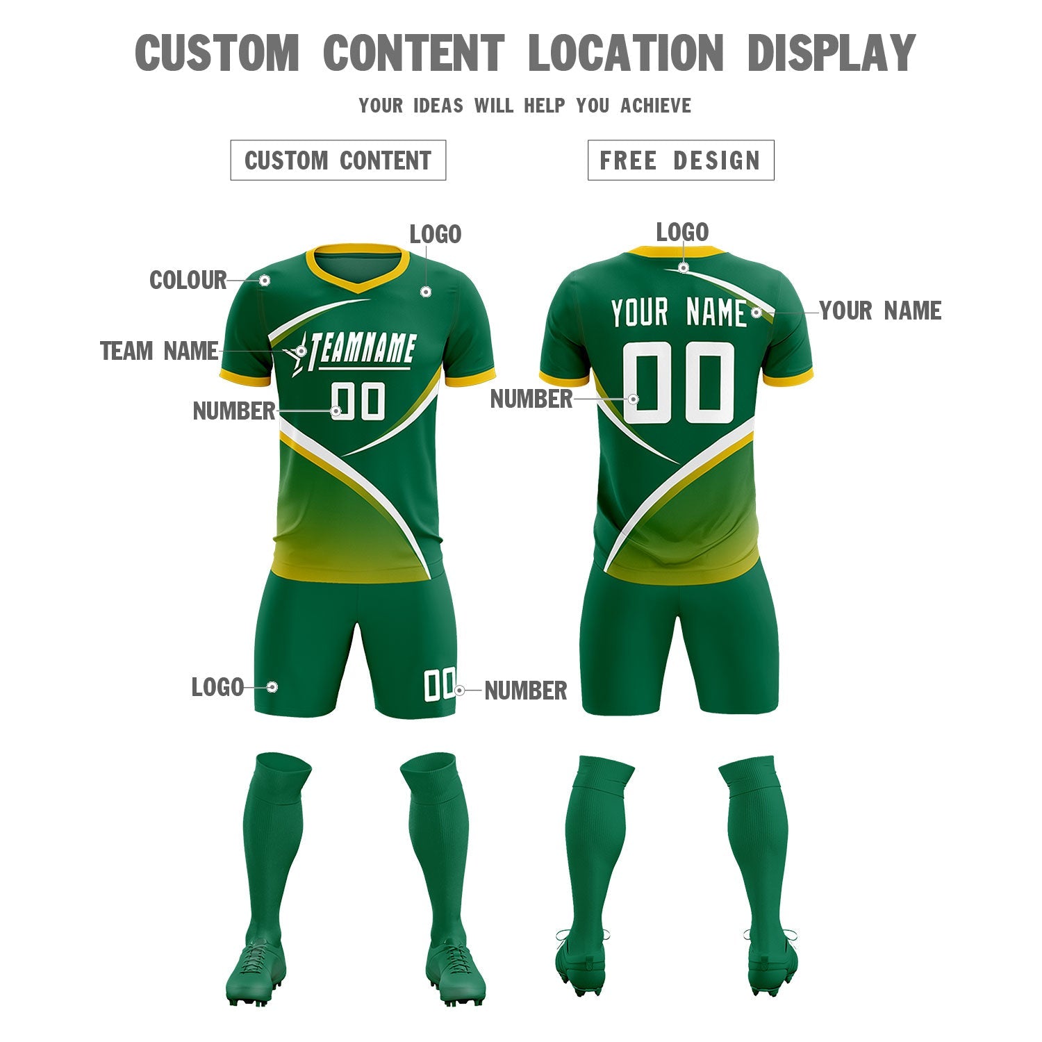 Custom Kelly Green Gold Color Block Training Uniform For Men Soccer Sets Jersey
