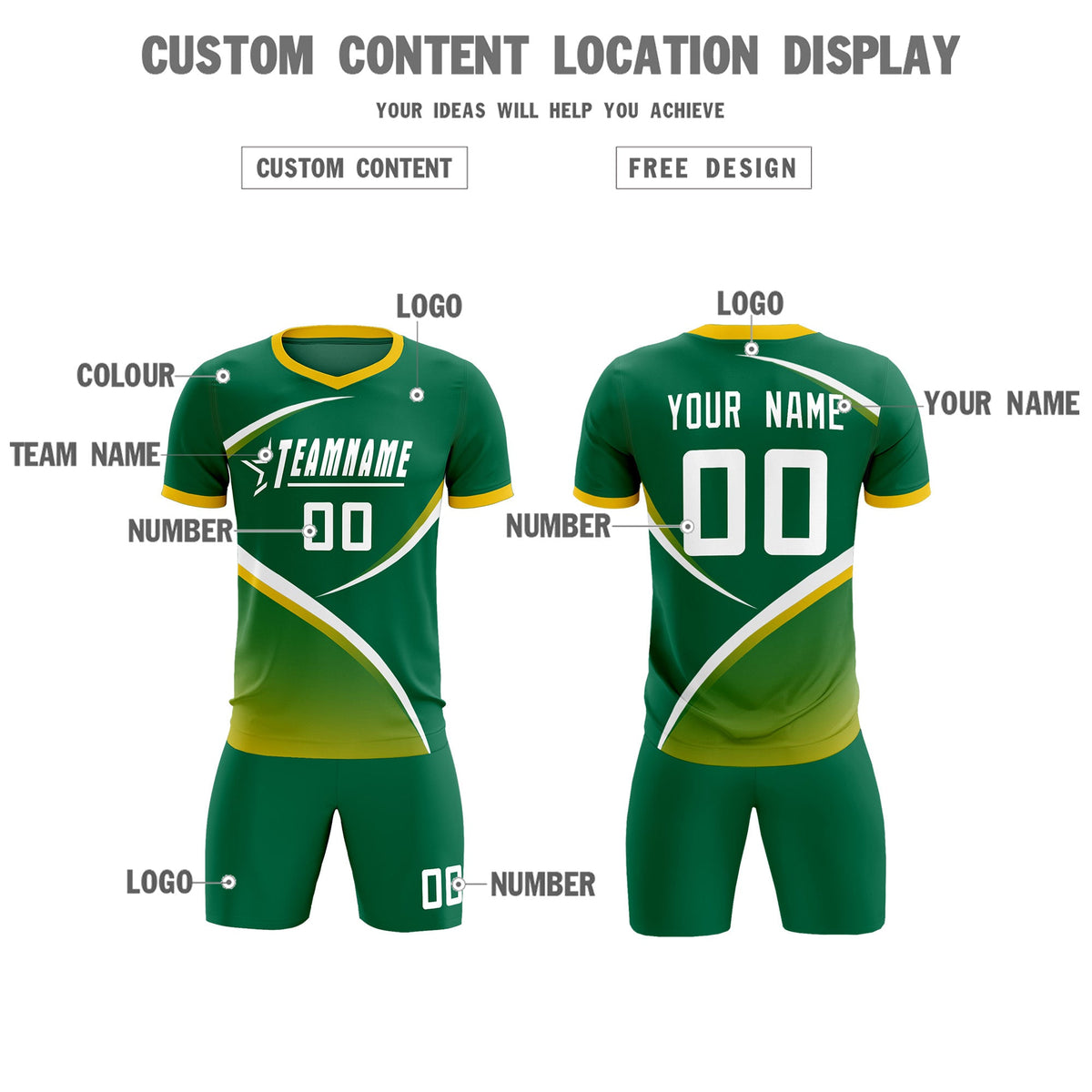 Custom Kelly Green Gold Color Block Training Uniform For Men Soccer Sets Jersey