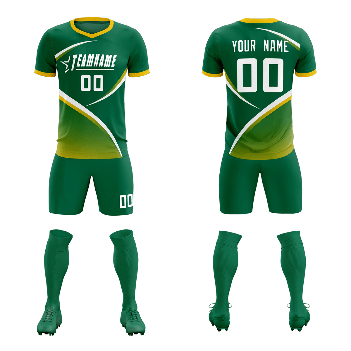 Custom Kelly Green Gold Color Block Training Uniform For Men Soccer Sets Jersey