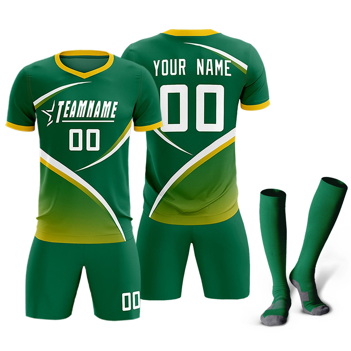 Custom Kelly Green Gold Color Block Training Uniform For Men Soccer Sets Jersey