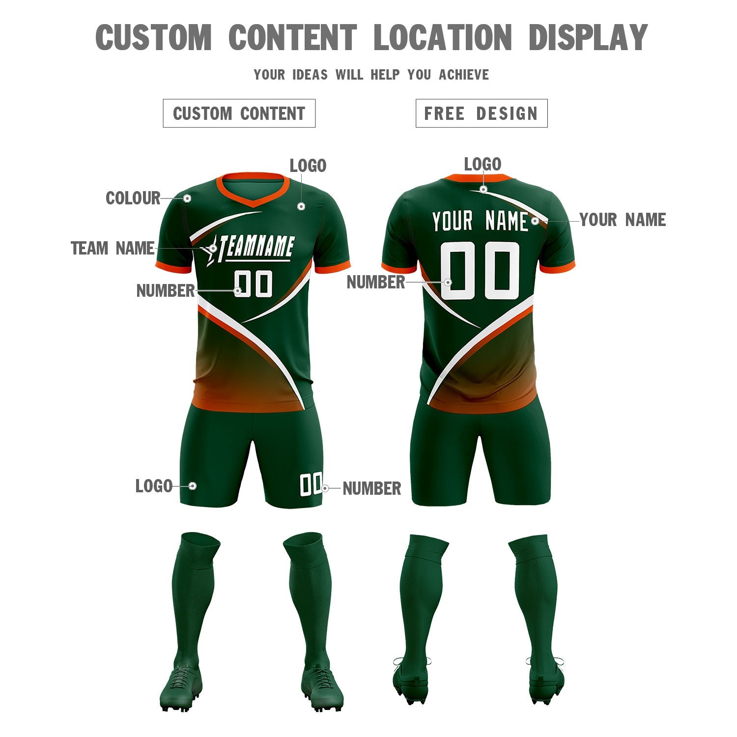 Custom Green Orange Color Block Training Uniform For Men Soccer Sets Jersey