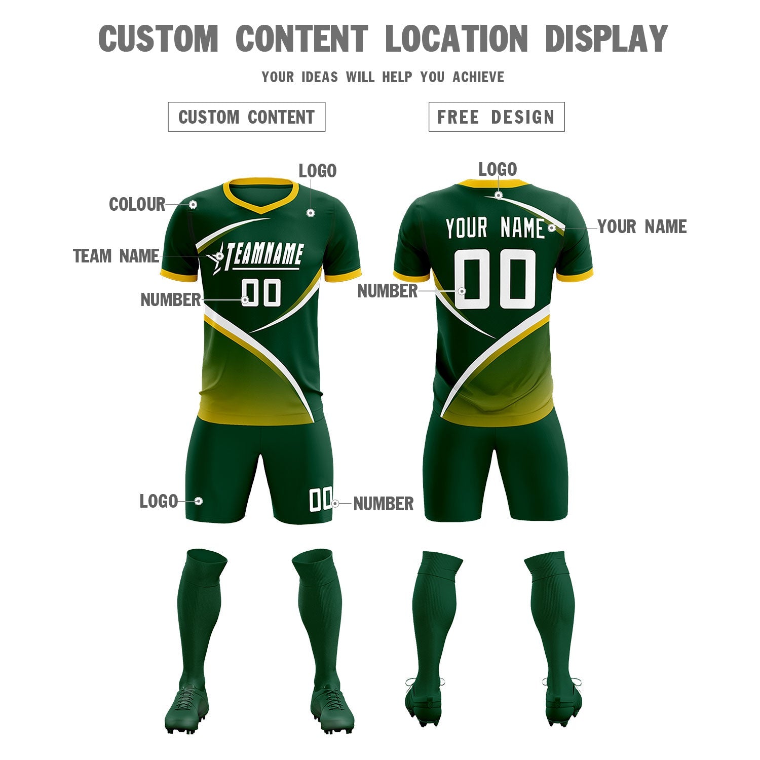 Custom Green Gold Color Block Training Uniform For Men Soccer Sets Jersey