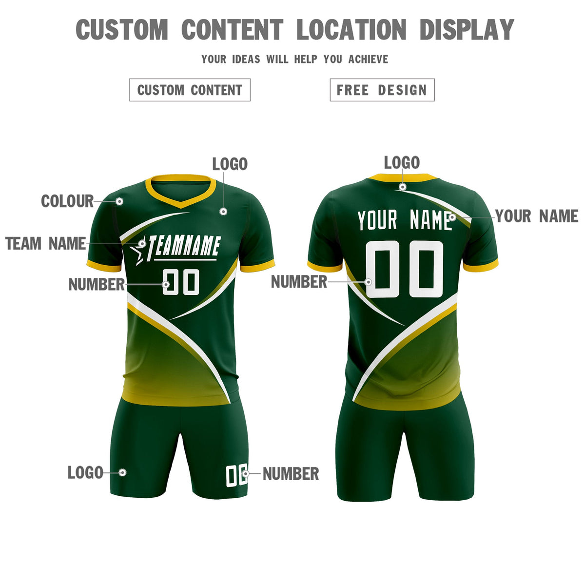 Custom Green Gold Color Block Training Uniform For Men Soccer Sets Jersey
