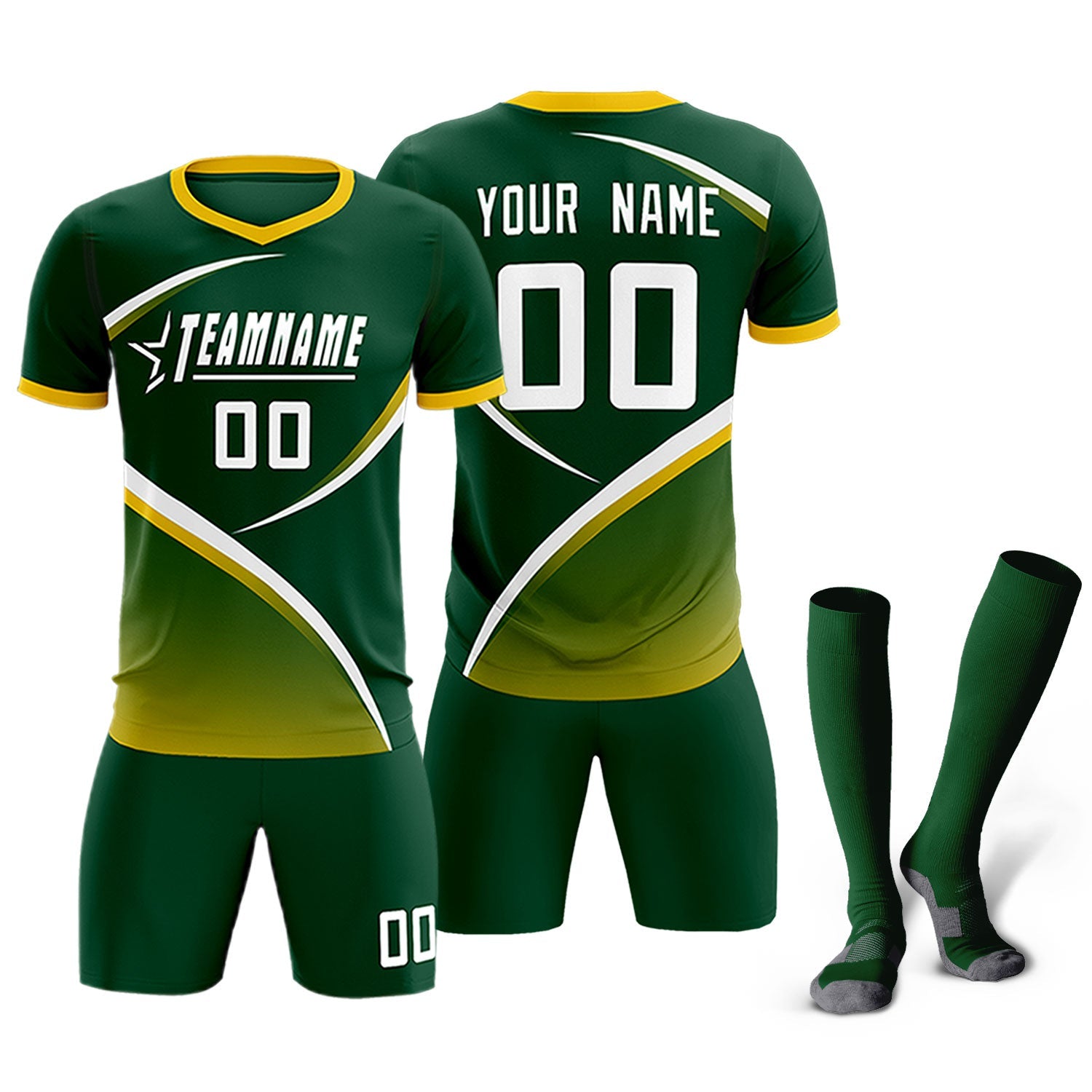Custom Green Gold Color Block Training Uniform For Men Soccer Sets Jersey