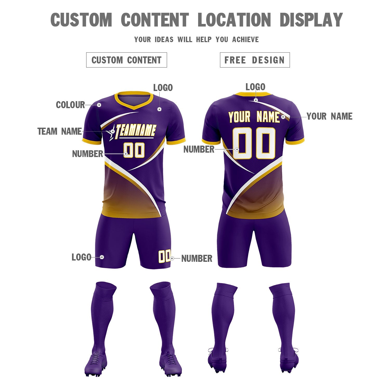 Custom Purple Gold Color Block Training Uniform For Men Soccer Sets Jersey