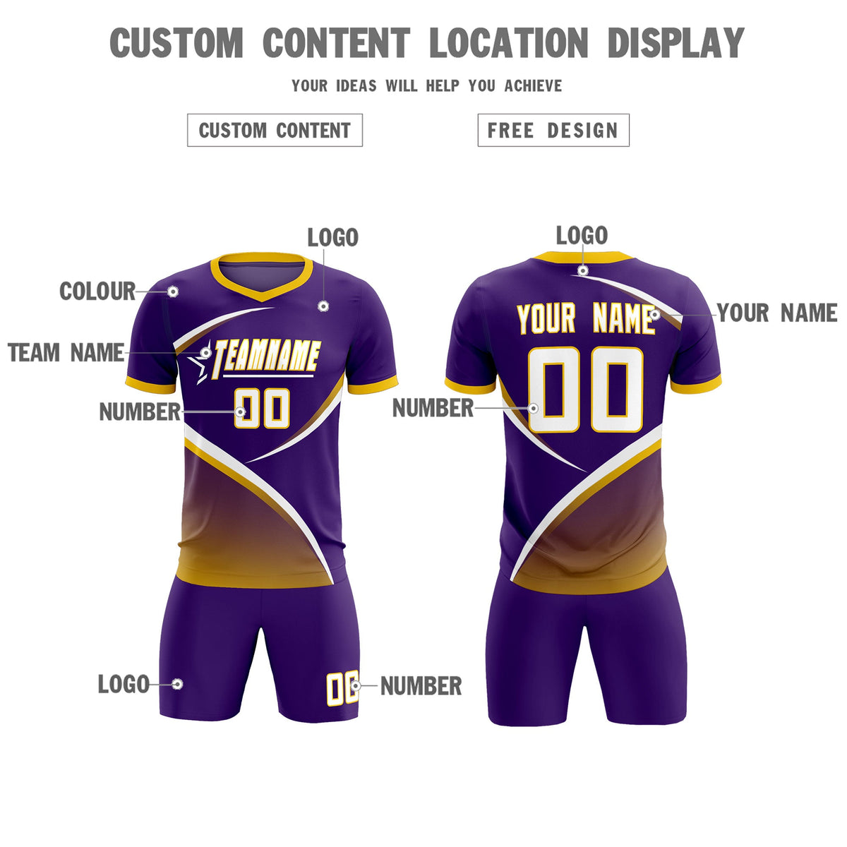 Custom Purple Gold Color Block Training Uniform For Men Soccer Sets Jersey