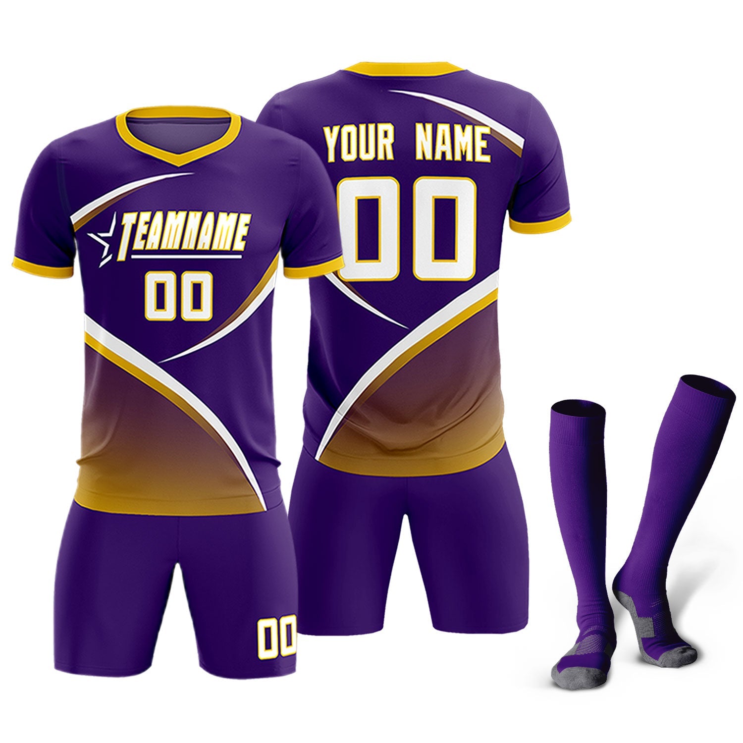Custom Purple Gold Color Block Training Uniform For Men Soccer Sets Jersey
