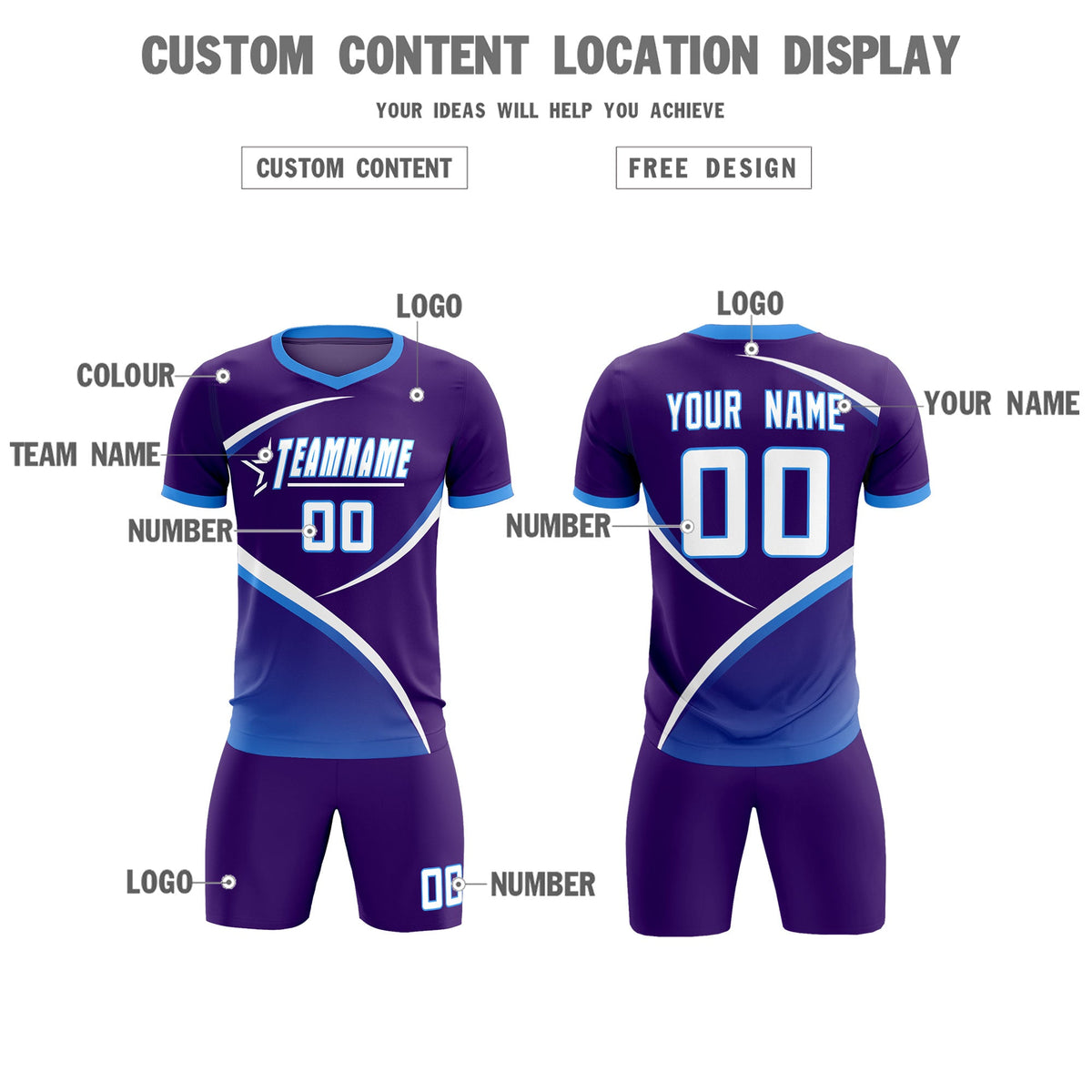 Custom Purple Powder Blue Color Block Training Uniform For Men Soccer Sets Jersey
