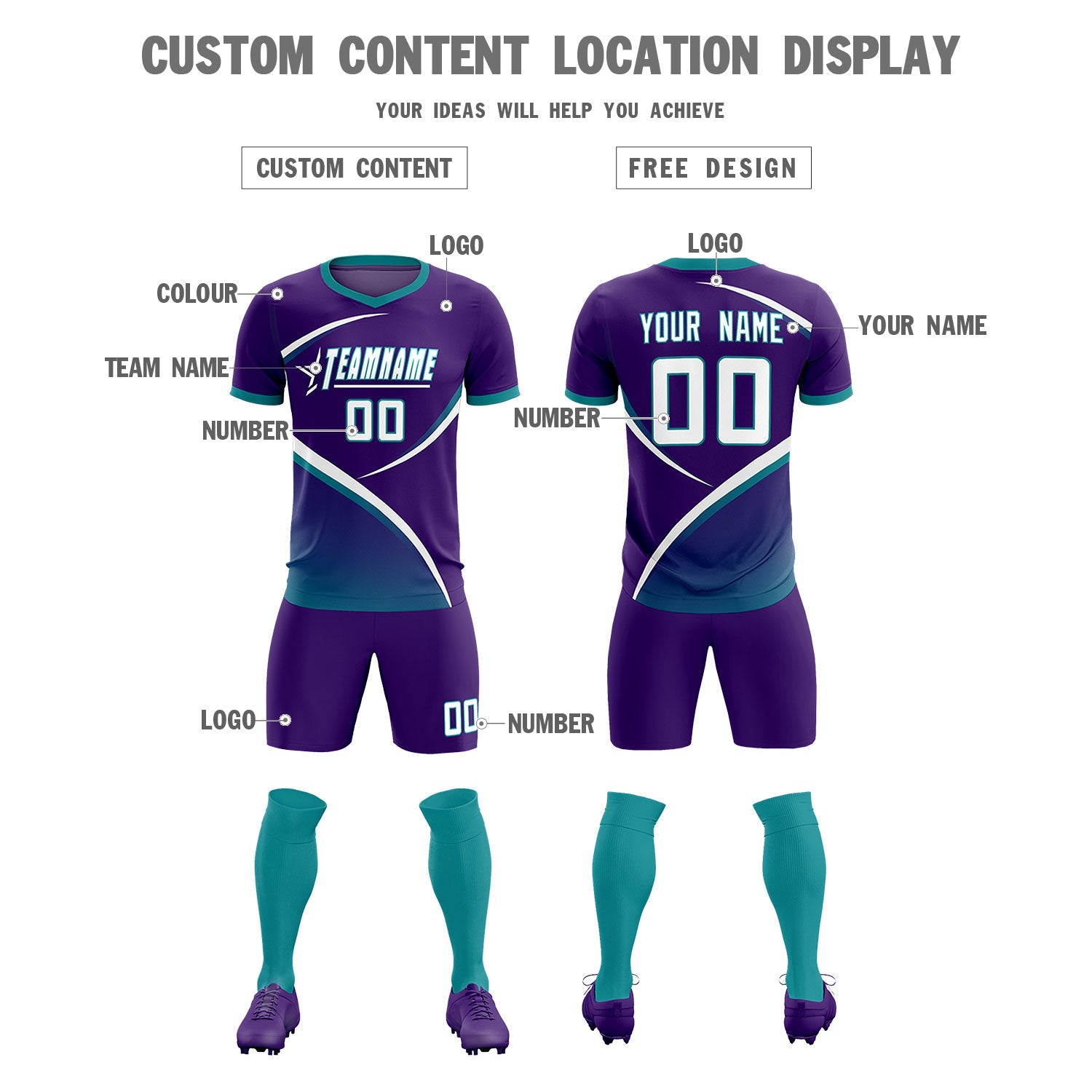 Custom Purple Aqua Color Block Training Uniform For Men Soccer Sets Jersey