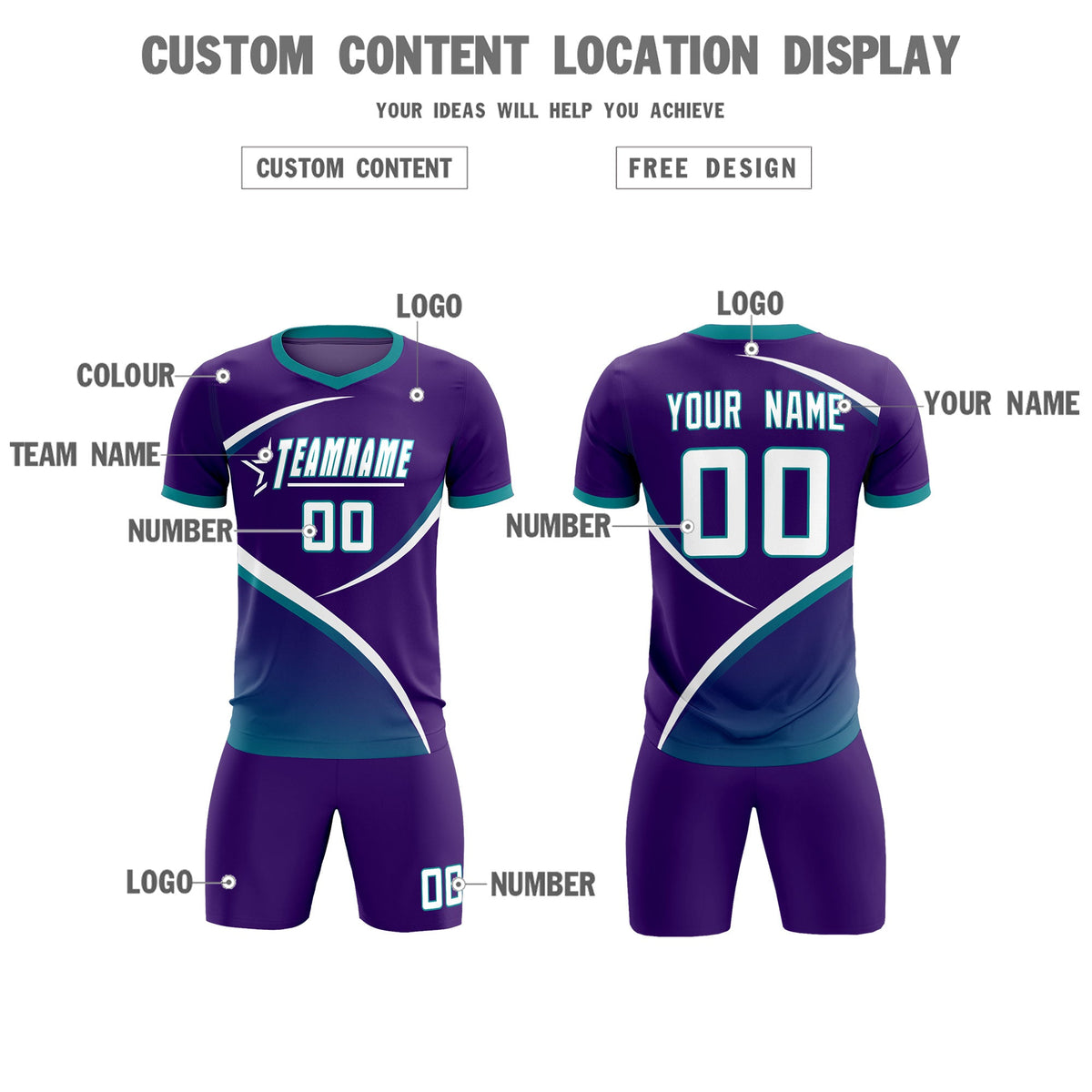 Custom Purple Aqua Color Block Training Uniform For Men Soccer Sets Jersey