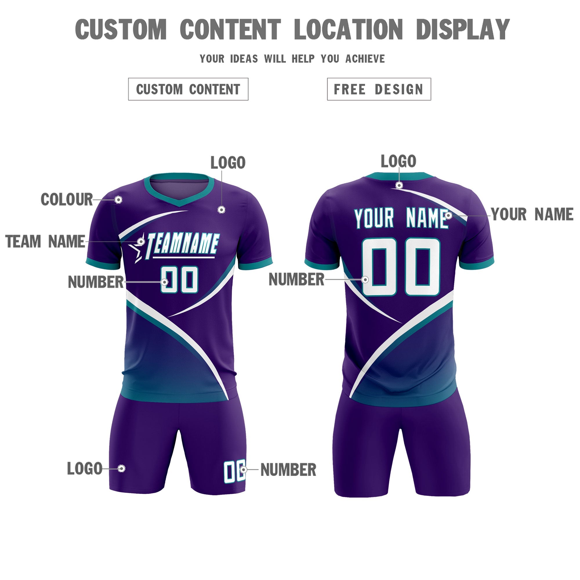 Custom Purple Aqua Color Block Training Uniform For Men Soccer Sets Jersey