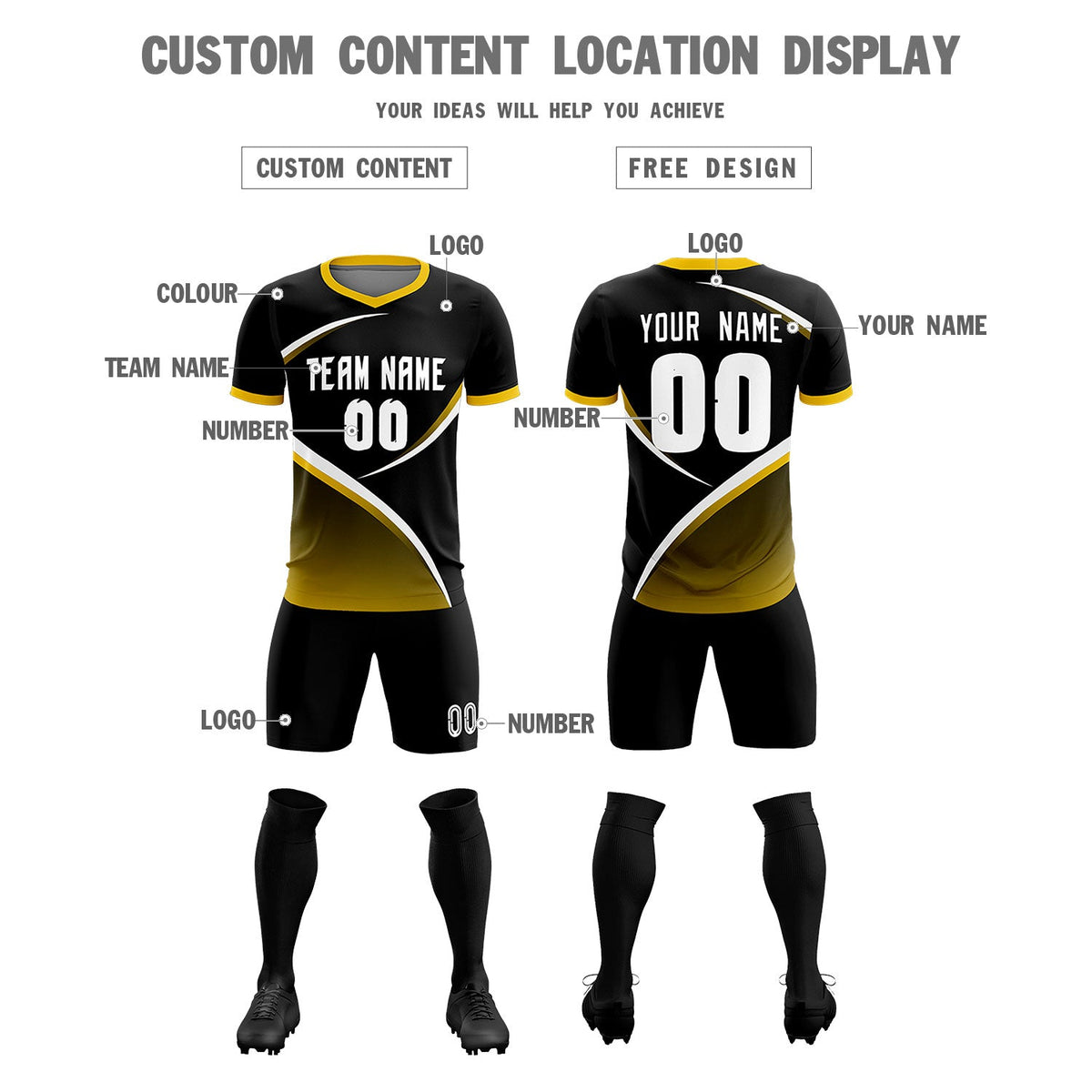 Custom Black Gold Color Block Training Uniform For Men Soccer Sets Jersey