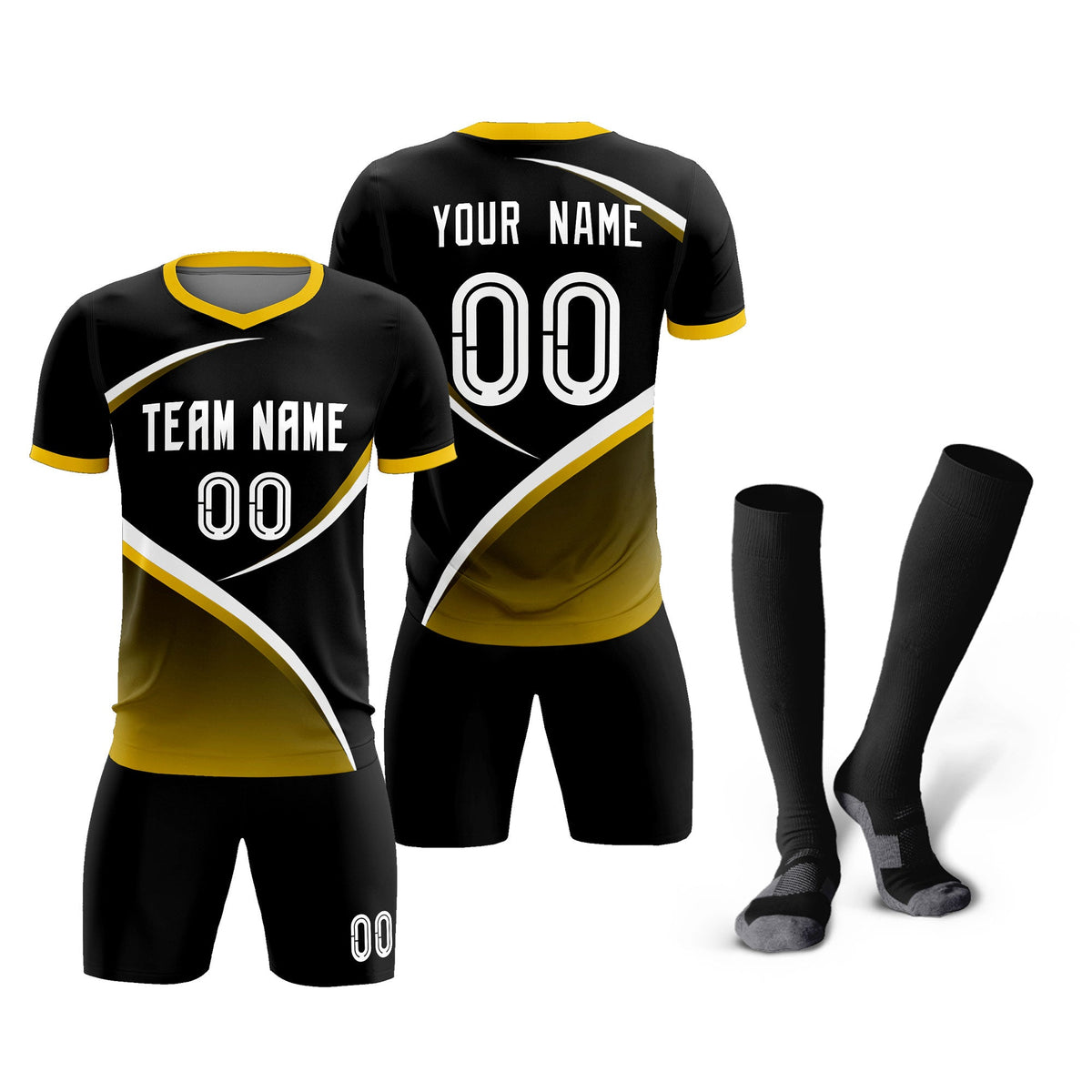 Custom Black Gold Color Block Training Uniform For Men Soccer Sets Jersey