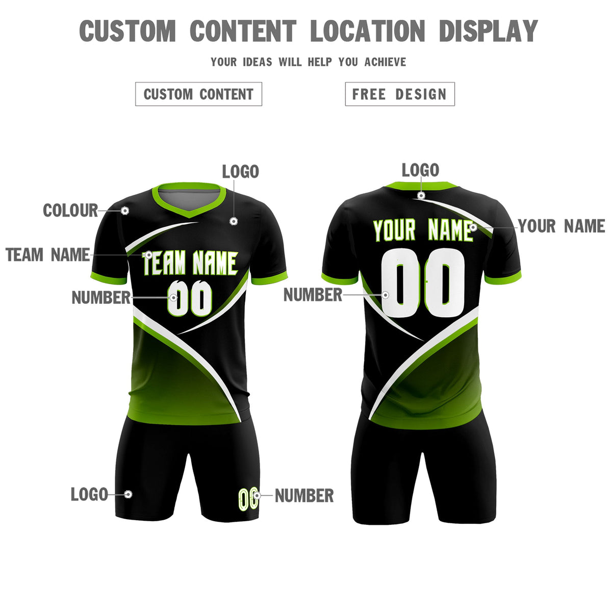 Custom Black Neon Green Color Block Training Uniform For Men Soccer Sets Jersey