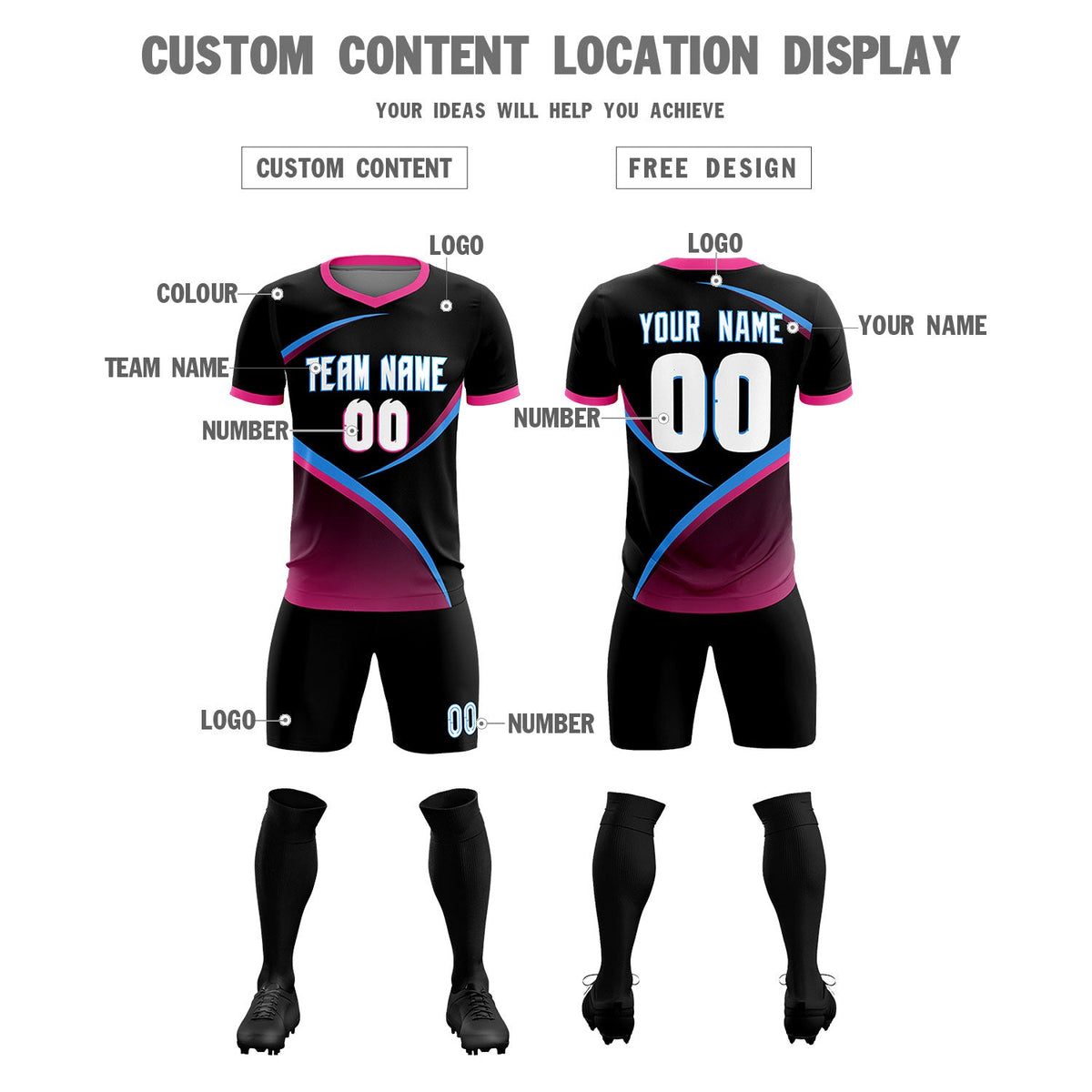Custom Black Pink Color Block Training Uniform For Men Soccer Sets Jersey