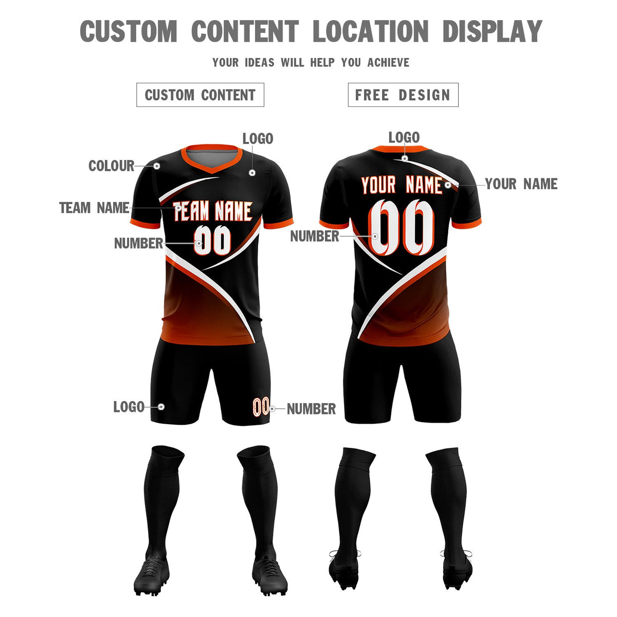 Custom Black Orange Color Block Training Uniform For Men Soccer Sets Jersey
