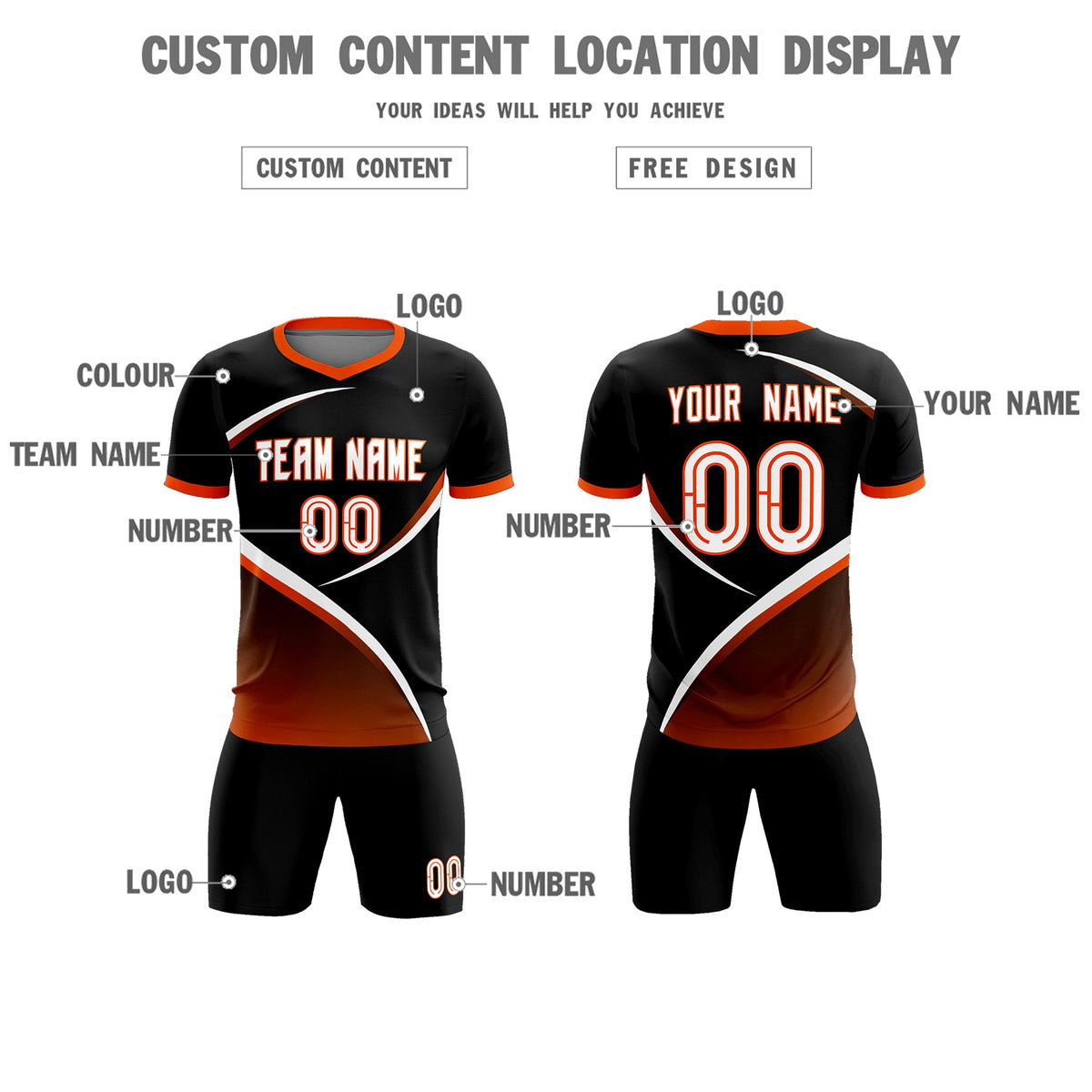Custom Black Orange Color Block Training Uniform For Men Soccer Sets Jersey