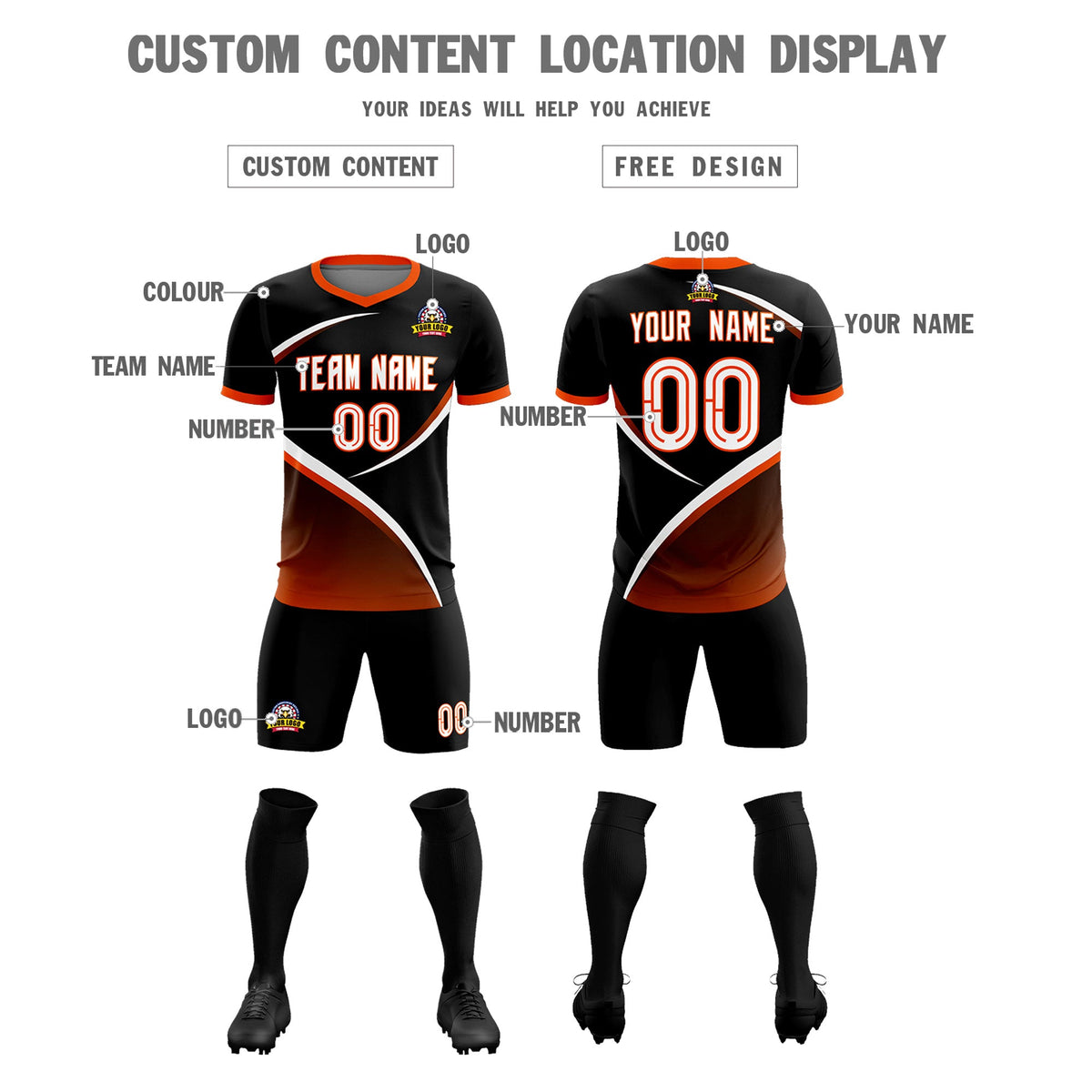 Custom Black Orange Color Block Training Uniform For Men Soccer Sets Jersey