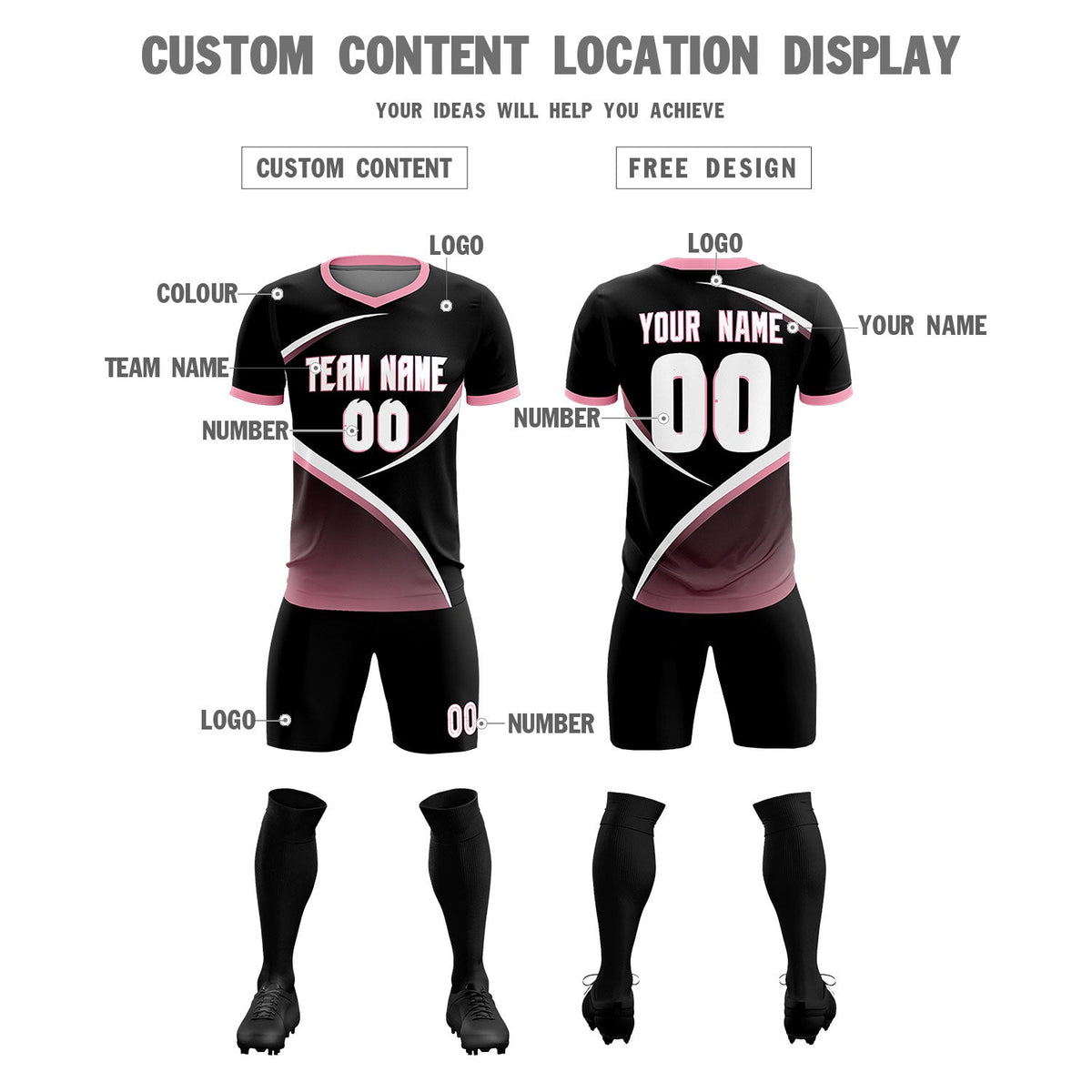Custom Black Light Pink Color Block Training Uniform For Men Soccer Sets Jersey