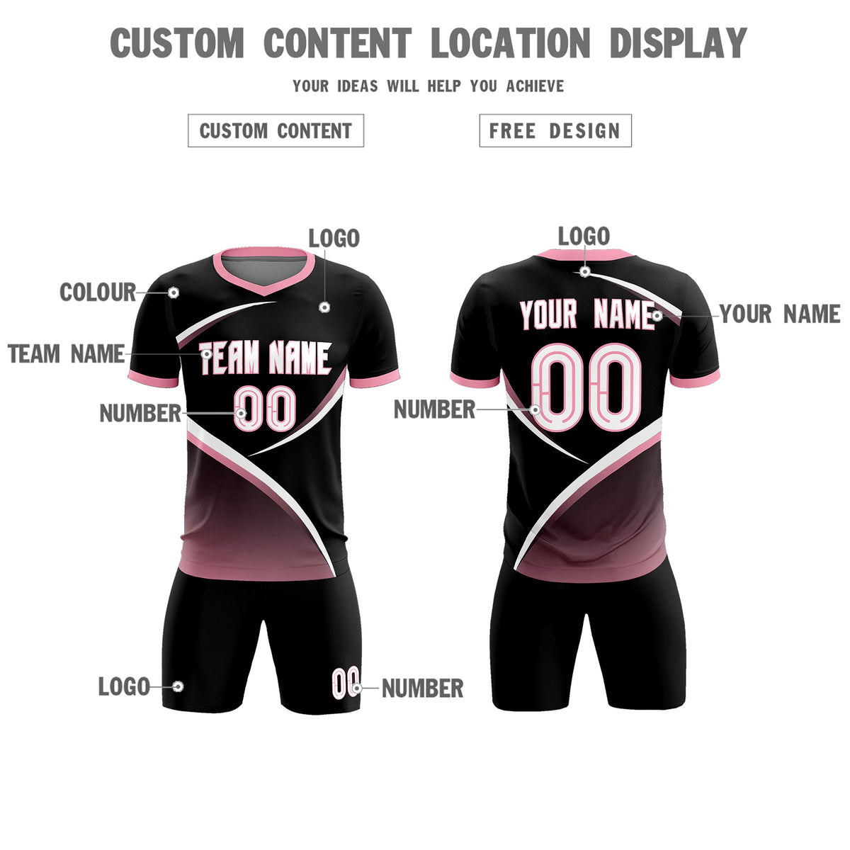 Custom Black Light Pink Color Block Training Uniform For Men Soccer Sets Jersey