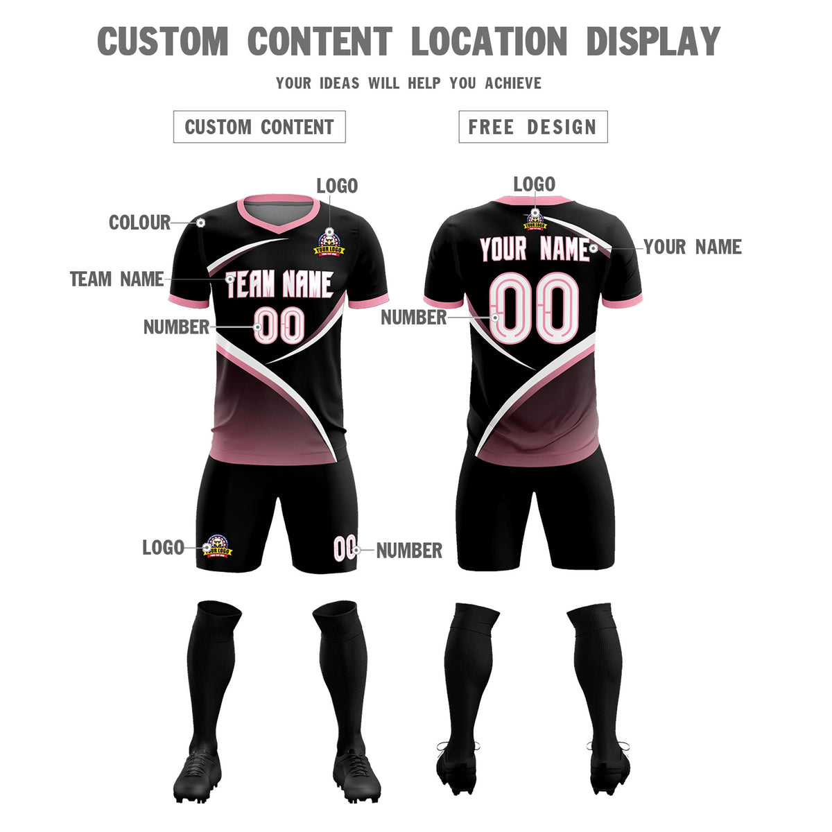 Custom Black Light Pink Color Block Training Uniform For Men Soccer Sets Jersey