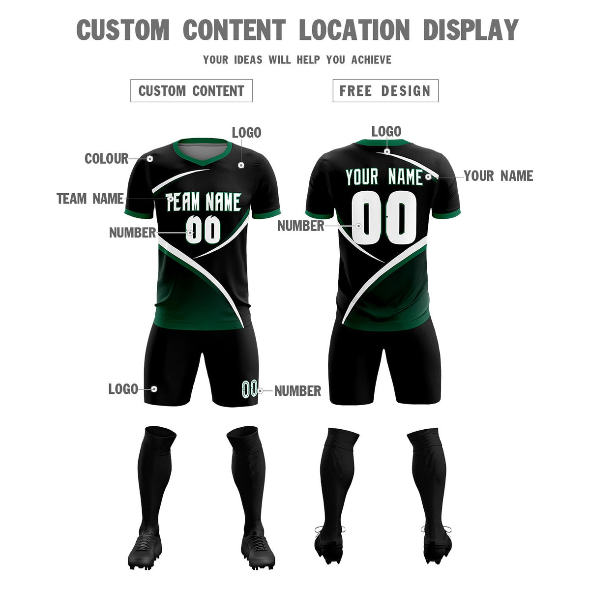 Custom Black Kelly Green Color Block Training Uniform For Men Soccer Sets Jersey