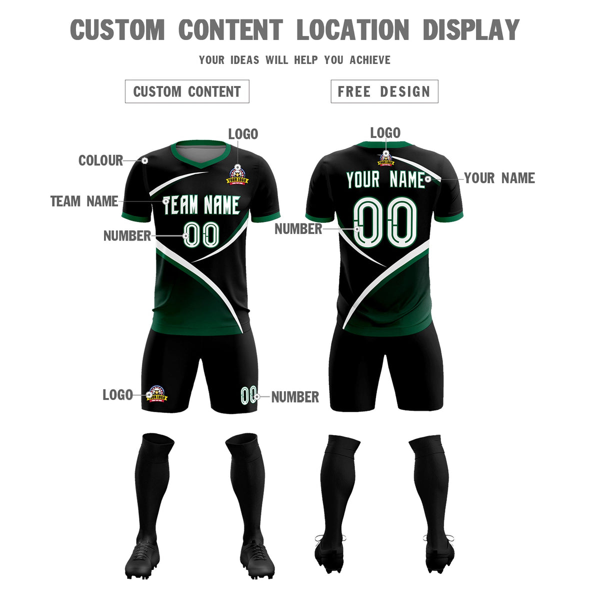 Custom Black Kelly Green Color Block Training Uniform For Men Soccer Sets Jersey