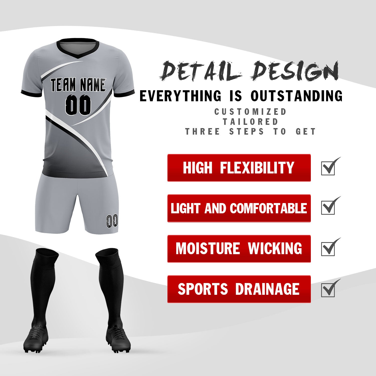 Custom Gray Black Color Block Training Uniform For Men Soccer Sets Jersey