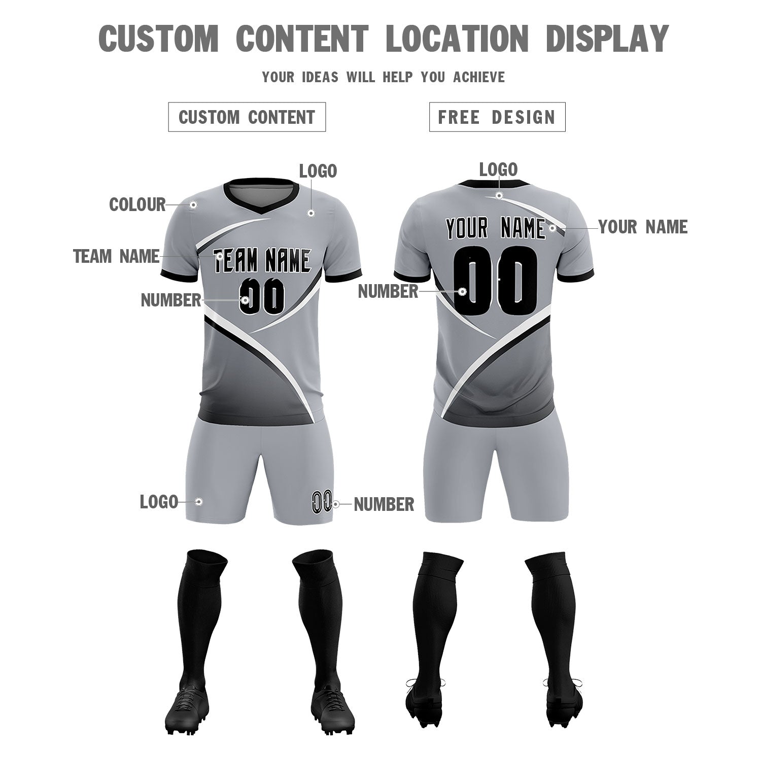 Custom Gray Black Color Block Training Uniform For Men Soccer Sets Jersey