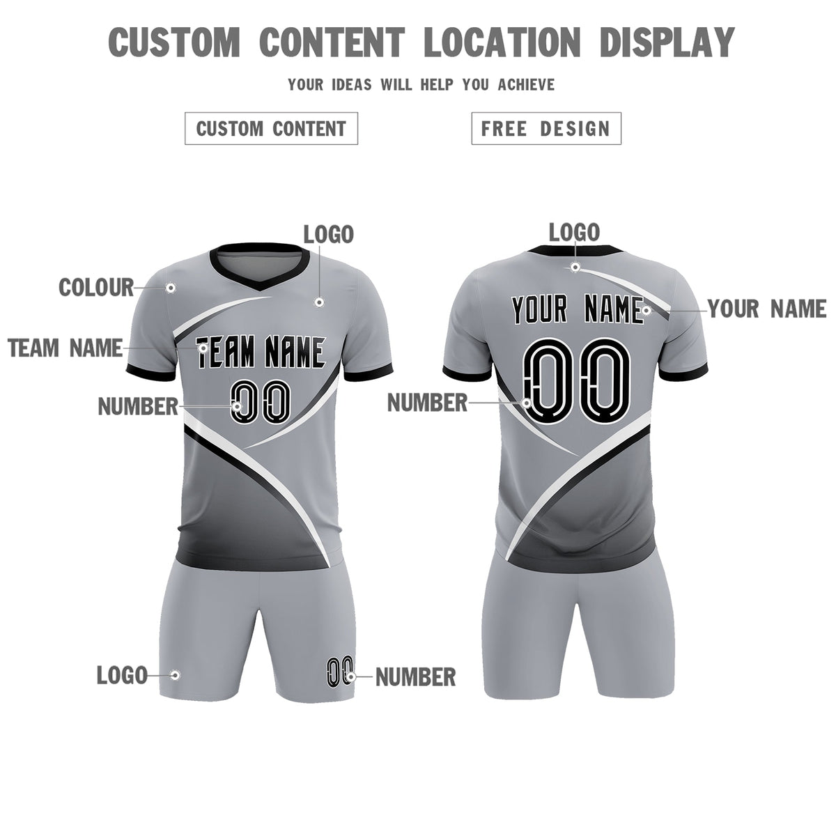 Custom Gray Black Color Block Training Uniform For Men Football Kits Jersey