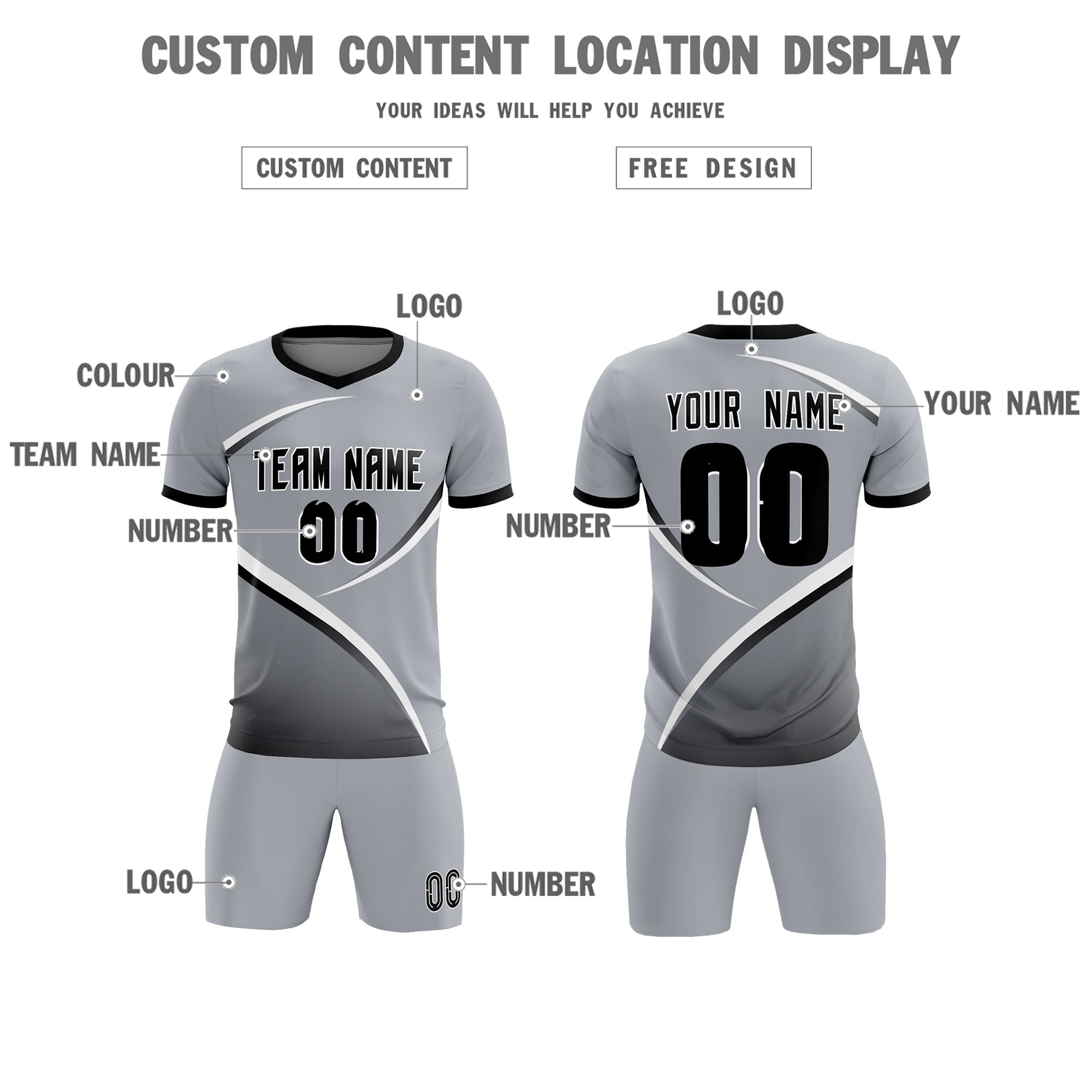 Custom Gray Black Color Block Training Uniform For Men Soccer Sets Jersey