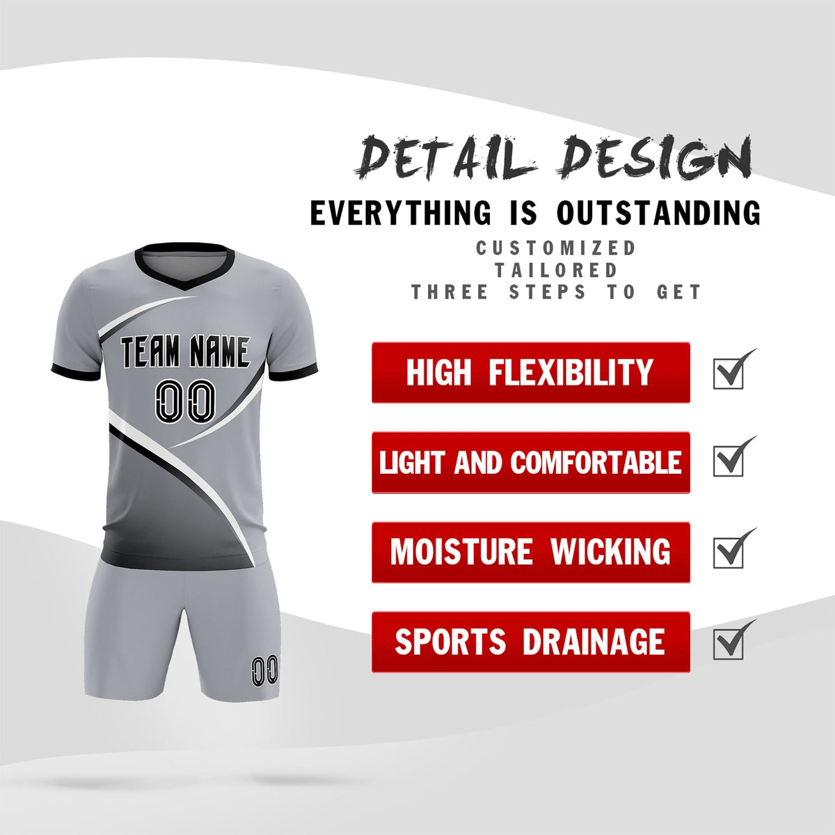 Custom Gray Black Color Block Training Uniform For Men Football Kits Jersey